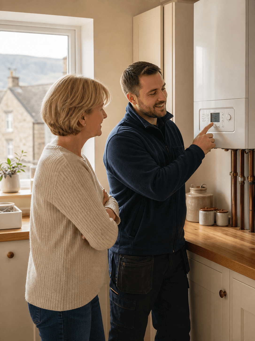 Heating engineer explaining boiler controls to a customer in a bright kitchen